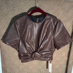 Commense Brown Faux Leather Knot-Front Crop Top